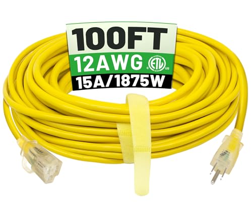 POWGRN 100 ft 12/3 Outdoor Extension Cord Waterproof Heavy Duty with Lighted Indicator End 12 Gauge 3 Prong, Flexible Cold-Resistant Long Power Cord Outside, 15Amp 1875W SJTW Yellow ETL Listed - color: Yellow, size: 100 FT