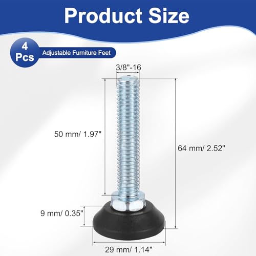 uxcell 3/8"-16 Thread Furniture Feet Levelers, 4Pcs 50mm l Adjustable Furniture Feet Screw in Threaded Leveling Leg Screw on Chair Foot Glides Leveling for Table Chair Cabinet Black - size: 3/8"-16 50mm