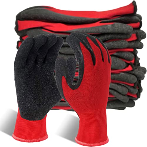 Evridwear Crinkle Latex Rubber Hand Coated Safety Work Gloves for Men Women General Multi Use Construction Warehouse Gardening Assembly Landscaping,Red X-small 12 Pairs Pack - color: Red, size: X-Small