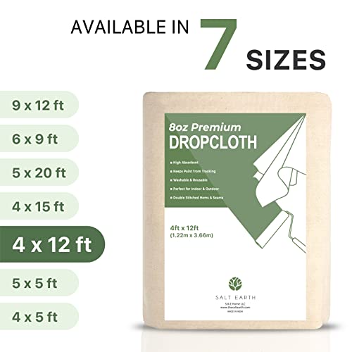 Salt Earth Canvas Drop Cloth 1Pc, Reusable Paint Drop Cloth, 100% Recycled Cotton Canvas Tarp Cover for Painter, Furniture, Floor Protection, All Purpose Painters Dropcloth for Christmas DIY (4x12FT) - size: Pack of 1 - 4x12