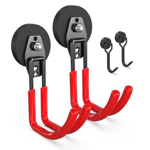 3-H Extra Strong Magnetic Hooks,Heavy Duty Large Anti-Slip Magnet Hooks J Shape,No-Drill Tool Holder for Garage,Power Drill,Garden Tools,Hose Storage,2 Pack Red - color: Red, size: 2.6"x2-MJ