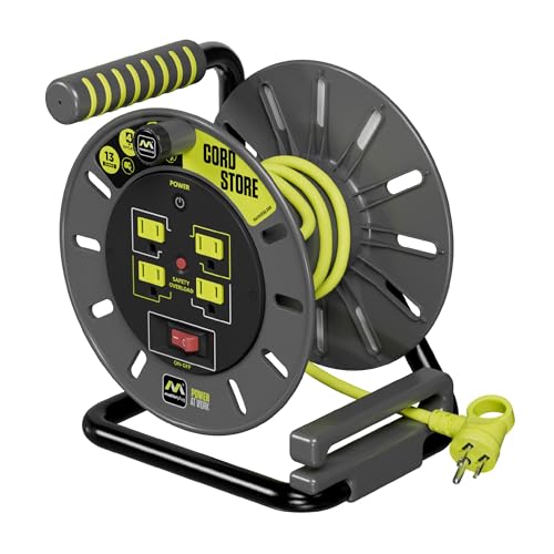 Masterplug 3ft Cord Reel, Retractable Extension Lead with Winding Handle, Safety Overload Circuit Breaker and Power Switch, 4x Grounded Outlets, 13amps, 14AWG Cable - size: 3 ft