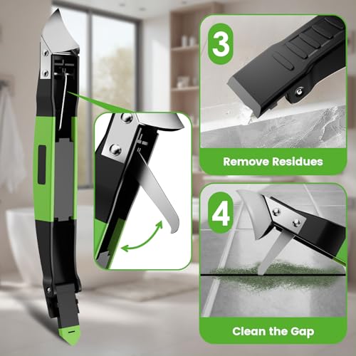 6 in 1 Silicone Caulking Tool Kit with Caulk Grout Remover Tool Sealant Finishing & Smoothing Tool, Grout Scraper, 6 Reusable Pads and Adhesive Residue Scraper for Kitchen Bathroom Tile Sink (Green) - color: Green