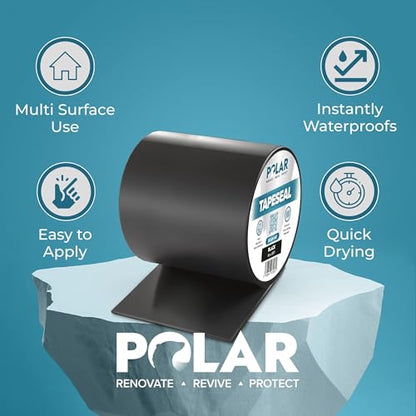Polar Black Waterproof Tape Seal - 4" x 5ft | Rubberized Waterproof Tape for Leaks & Cracks on Roofs, PVC Pipes, Drainpipes, Plumbing & Gutters | Indoor & Outdoor Sealant Tape for Lasting Protection