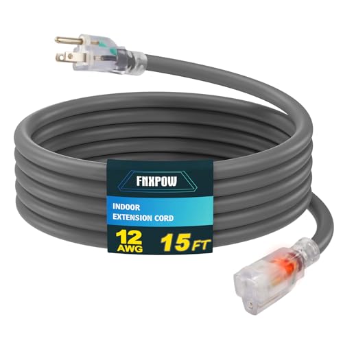 Indoor Outdoor Extension Cord, 12 Gauge 3 Prong Weatherproof Heavy Duty Gray Extension Cord with Lighted Indicator End, SJTW 15A 15FT Extension Cable for Garage, Garden and Home, UL Listed - color: Grey, size: 15FT