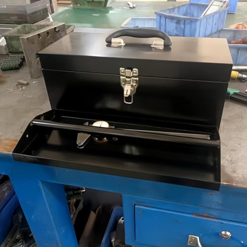 16" Portable Metal Toolbox Large Tool Box 18-Gauge Fishing Tackle Box Tool Box Drawer Organizer Steel Toolbox With Metal Latch and Handle Black - color: Black