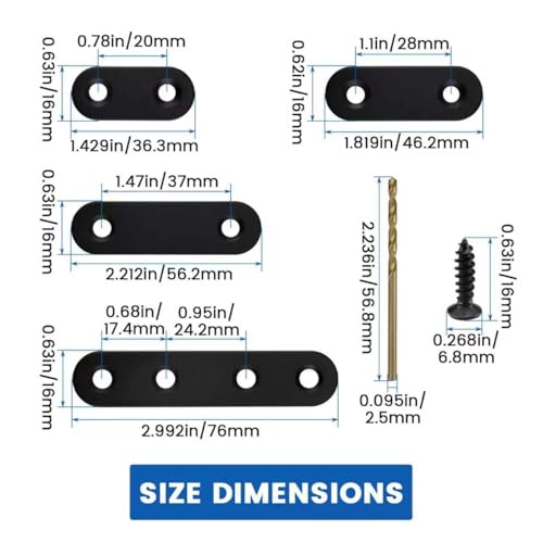 38Pcs Black Straight Flat Metal Bracket, Stainless Steel Mending Plates with 92 Screws & Drill Bit, 36mm/46mm/56mm/76mm, Heavy-Duty Brace for Wood Furniture, Chair