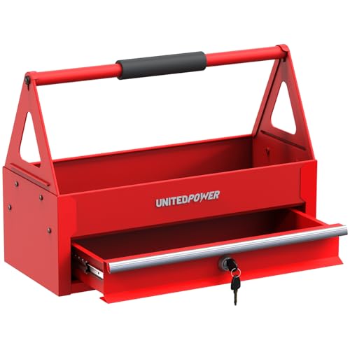 UNITEDPOWER Handy Tool Box With 1 Drawer，Portable Metal Tote Tray with comfortable grip handle, Tool Organization for Household, Warehouse, Repair Shop, Red - color: Red with Drawer