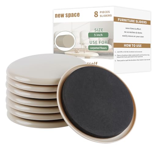Furniture Sliders for Carpet, new space 8 Pcs 5" Round Sliders for Moving Furniture, Heavy-Duty Furniture Moving Sliders - Reusable Furniture Sliders, Move Your Furniture Quickly, Easily and Safe! - size: 5 inch