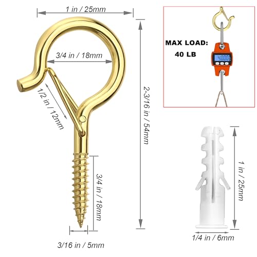 PlusRoc 20 Pack Ceiling Hooks for Hanging Plants Outdoor String Lights Heavy Duty, 2.2 Inch Eye Hook Screw in Cup Hooks Q-Hanger for Patio Lights, Wall Wood Fence Deck Mount(Gold) - color: Gold