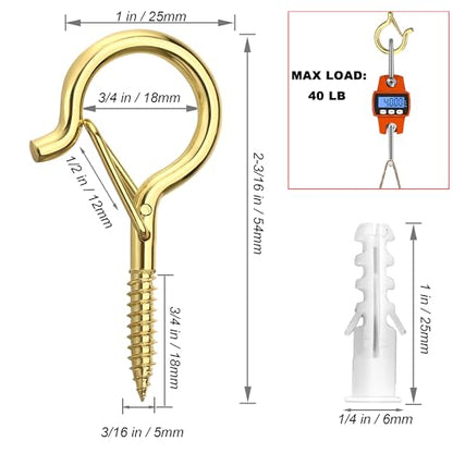 PlusRoc 20 Pack Ceiling Hooks for Hanging Plants Outdoor String Lights Heavy Duty, 2.2 Inch Eye Hook Screw in Cup Hooks Q-Hanger for Patio Lights, Wall Wood Fence Deck Mount(Gold) - color: Gold