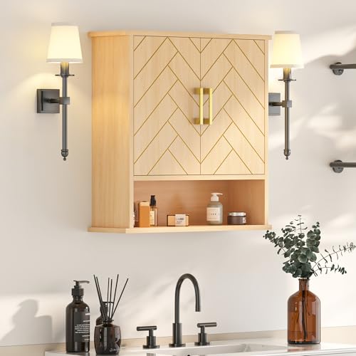 Natural Chevron Pattern Bathroom Wall Mount Cabinet, Gold Accent Hanging Medicine Cabinet with Open Shelf, Over The Toilet Storage Organizer for Home (23 5/8" x 22 7/8" x 7 1/8") - style: Chevron Pattern-Natural