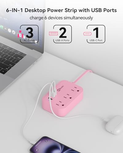 Pink Power Strip - 5Ft Extension Cord with 3 USB(1 USB C) Charging Station and 3 Outlets, Pink Desk Accessories for Cruise Travel Cute Kawaii College Dorm Desk Home Essentials - size: 5FT-Pink