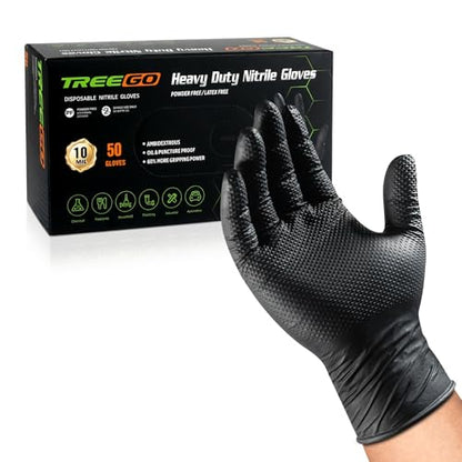 TREEGO 10 Mil Black Nitrile Gloves Heavy Duty — Diamond Texture Grip, Latex Free Disposable Mechanic Gloves, X-Large, 50 Count - color: Black 50, size: X-Large