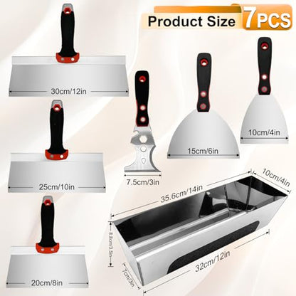 Drywall Knife Set, 7 Pcs Stainless Steel Tools Kit, Putty Knives Tapping Knife Multi-purpose Paint Scrapers with Mud Pan for Drywall Work - color: Black - a Set