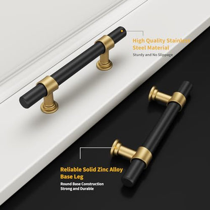 Goldenwarm 10 Pack Black and Gold Cabinet Pulls 3 Inch Matte Black Drawer Pulls Gold Kitchen Cabinet Handles Modern T Bar Hardware for Cupboard Bedroom - color: Black&Gold, size: 3 in Hole Center (76mm)