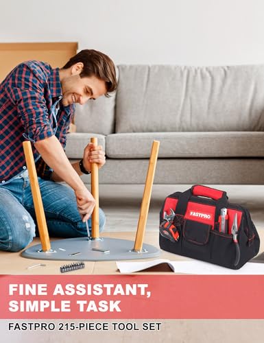 FASTPRO 215-Piece Home Repairing Tool Set with 12-Inch Wide Mouth Open Storage Bag, Household Hand Tool Kit,Red - color: Red