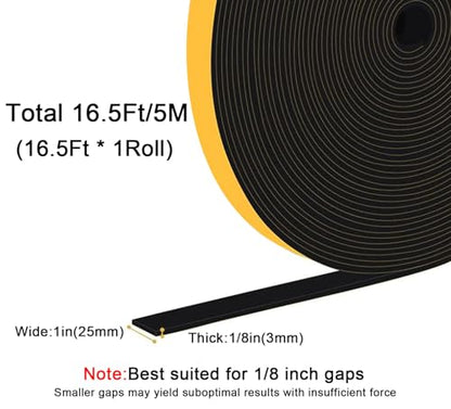 Weather Stripping Strong Adhesive 1 inch x 1/8 inch Weather Stripping Door Seal Closed Cell Foam Insulation Tape for Window and Doors,Total 16.5Feet (16.5Ft x 1 Roll) - size: 1 inch x 1/8 inch x 16.5Ft
