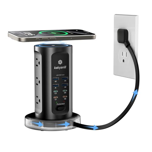 Kakyanill 115W USB Charging Station, Surge Protector Power Strip Tower, 9 AC Outlets with 8 USB Ports(4 USB-C), 6Ft Flat Plug Retractable Extension Cord, for Home Office Dorm, Black - color: Black&Orange