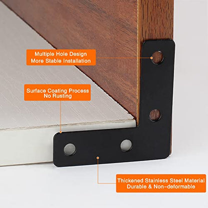 Waziaqoc 20 PCS 2 x 2 Inch Black L Bracket, L Right Angle Flat Corner Bracket (50 x 50mm), Flat Mending Plates Brace for Wooden Frames, Repairment, with Screws - size: 20pcs 50 x 50 mm