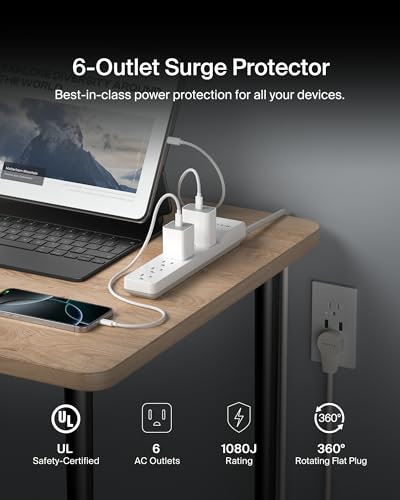 Belkin 6-Outlet Surge Protector Power Strip, 6ft Cord, 360° Rotating Plug - 1080 Joules Protection - size: 6', style: 6 ft