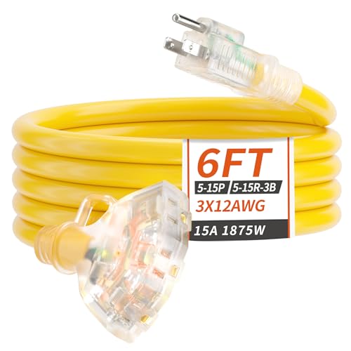 PlugSaf 6 FT 12/3 Gauge Outdoor Extension Cord with Multiple Outlets Light Indicator, Flexible 3 Outlet Weatherproof Heavy Duty Extension Cord Waterproof Yellow, 15A 1875W 12AWG SJTW, ETL Listed - size: 6FT