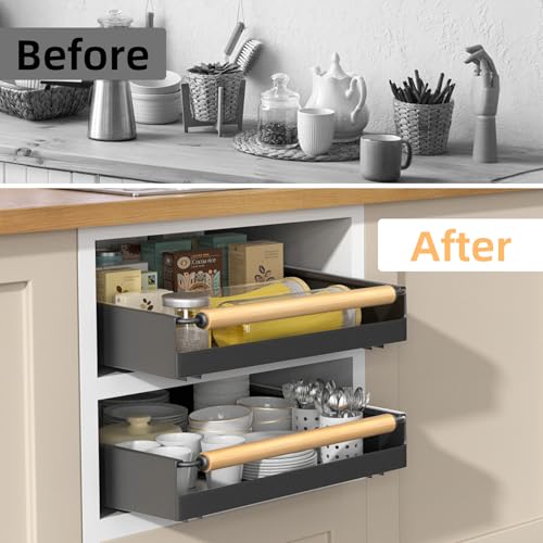 Pull Out Cabinet Organizer, 15.3'' Deep Expandable Slide Out Cabinet Organizer Fixed with Adhesive Nano Film, Slide Out Drawers Pull Out Tray for Cabinet in Kitchen, Pantry, Bathroom, Black - color: Black