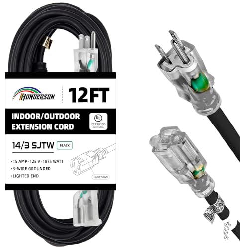 Indoor Outdoor Extension Cord Weatherproof with Lighted End, UL Certified, 14 Gauge 12FT Black 3 Prong Heavy Duty, 14/3 SJTW 15A Power Cord for Outdoor Lights, Lawn - size: 12FT, style: 14/3