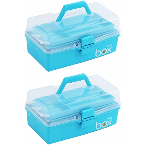 Kinsorcai 2PCS 12'' Three-Layer Clear Art Box Organizer, Multipurpose Plastic Craft Box with Handle (Blue) - color: blue, size: 2PCS