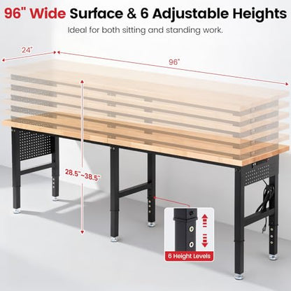 ENJOYWOOD 96" x 24" Heavy Duty Workbench Adjustable Height Garage Work Table with Solid Rubberwood Top, Extended Pegboards & Power Outlets for Workshop, Home & Office - size: 96 Inch