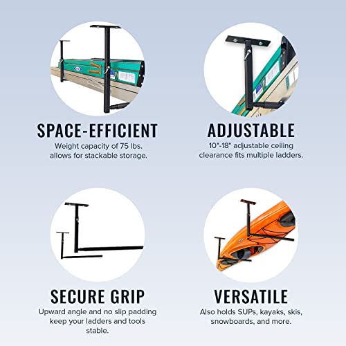 StoreYourBoard Adjustable Overhead Ladder Rack – Garage Organizer Ladder Shelf for Step & Extension Ladders - Storage Racks and Shelving for Garage Organization - Ceiling Mounted - Holds 75 lbs - size: Single