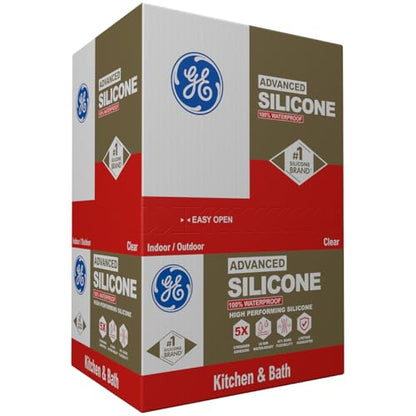 GE Advanced Silicone Caulk for Kitchen & Bathroom, Clear, 10 fl oz Cartridge, 12 Pack - 100% Waterproof Silicone Sealant, 5X Stronger Adhesion, Shrink & Crack Proof - color: Clear, size: Pack of 12