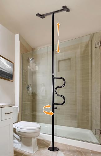 Stander Wonder Pole, Security-Pole and Curve Grab Bar, Tension Mounted Floor to Ceiling Transfer-Pole for Seniors, Elderly Adults, Bathroom Safety Assist and Stability Rail, Black - color: Metallic Black