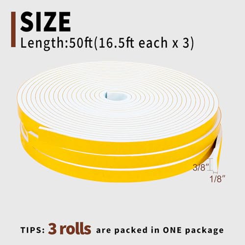 Yotache Weather Stripping Door Seal Strip White 3/8" x1/8", 50Ft Total, Foam Insulation Tape Gasket for Door Frame and Windows, 3 Rolls x 16.5Ft - size: 3/8"x1/8"x 50FT
