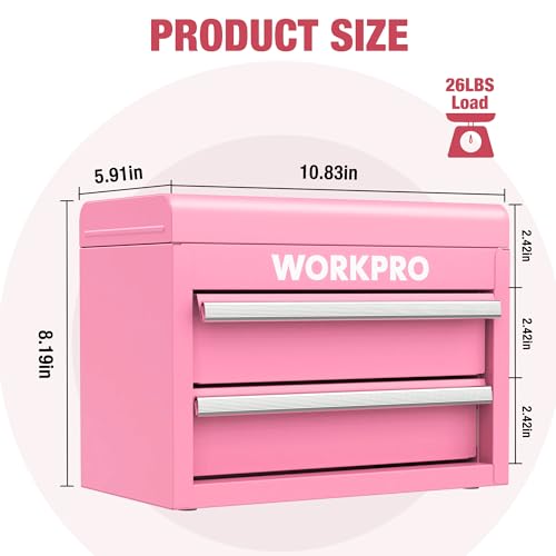WORKPRO Mini Metal Tool Box with 2 Drawers and Top Storage, Small Tool Chest with PVC Liners and PP Feet Pads, Cold Rolled Steel Toolbox with Magnetic Tab - Pink Ribbon - color: Pink