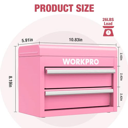 WORKPRO Mini Metal Tool Box with 2 Drawers and Top Storage, Small Tool Chest with PVC Liners and PP Feet Pads, Cold Rolled Steel Toolbox with Magnetic Tab - Pink Ribbon - color: Pink
