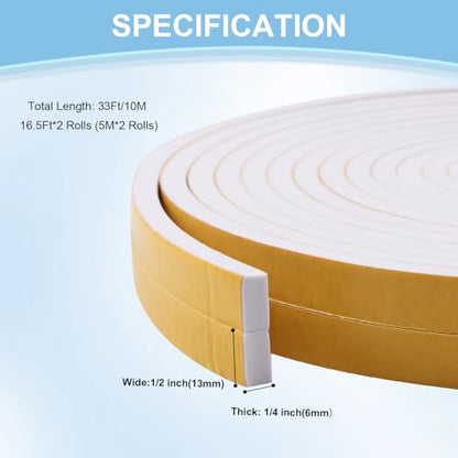 33Ft Weather Stripping Door Seal Strip, Strong Adhesive, Noise-Reduction, Weatherproof Foam Tape Insulation Weather Stripping Door Seal Foam Tape for Doors Windows 1/2 in Wide x 1/4 in Thick - size: 33FT-White