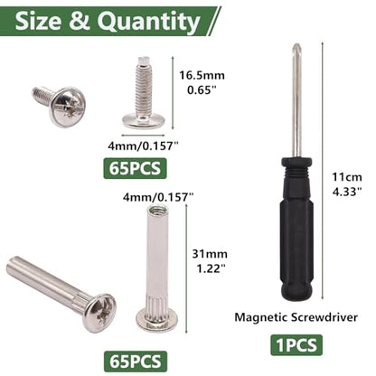 130PCS M4 Furniture Joint Connector Bolt & Cap Nut Kit, Furniture Screw Bolts Cabinet Panel Connector Binding Screws for Wood Door Cabinet Bookshelf Crib (65Set)