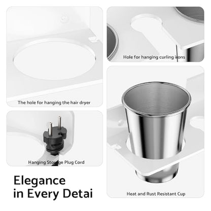HIIMIEI Hair Tool Organizer Wall Mount, White Acrylic Hot Tool Holder with 2Cups, Bathroom Hair Styling Accessories Storage Organizer for Flat Iron, Blow Dryer, Curling Wand