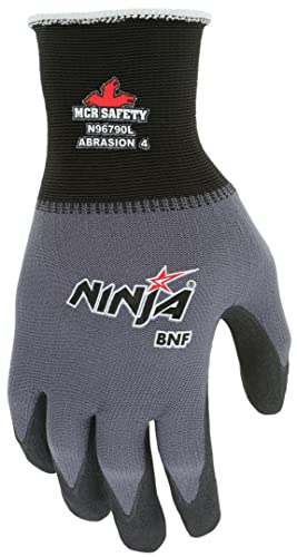 MCR Safety Gloves N96790M Ninja BNF 15 Gauge Work Gloves, Nylon/Spandex Shell with NFT Coated Palm & Fingertips, Black/Grey, Medium - size: Medium