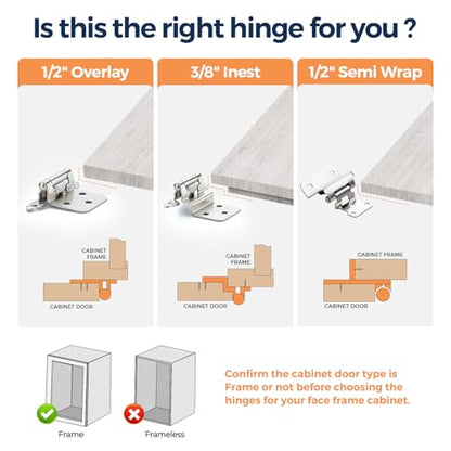 4 Pack (2 Pairs) 1/2" Overlay Cabinet Hinges, Polished Chrome Self-Closing Semi-Concealed Partial Wrap Face Frame Hinges for Cabinet Doors - color: Polished Chrome