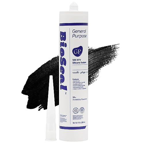 Black BioSeal 100% Silicone Sealant Caulk General Purpose, Waterproof and No Odor 10.1 Ounce Cartridge -Black (1)