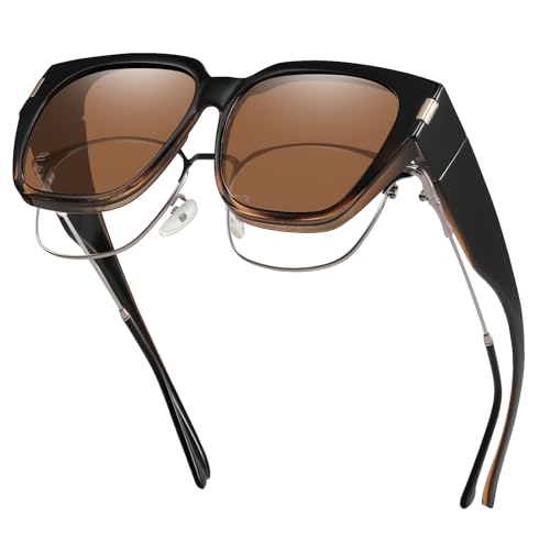 HAOLOTA Polarized Fit Over Glasses Sunglasses for Women Men Trendy Square Wrap Around Shades UV Protection - color: L Size 13 Black-tortoise/Brown
