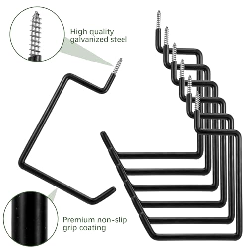 6 Pack Heavy Duty Screw-in Hooks, 75LB Capacity Black Ladder Hooks - Vinyl Coated Wall Mount Storage Hangers for Garage, Bike, Folding Chair, Hose, Cord Organization