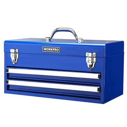 WORKPRO Tool Box with Drawers, 18 Inch with 2 Drawers and 1 Top Storage, Portable Toolbox with Metal Latch and Liner for Garage, Office and Home Storage, 100 LBS Load Capacity (Totally)