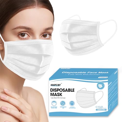 NNPCBT White Disposable Face Masks 125 Pack,3-Ply Breathable Mask For Adults,Great For Outdoors,Home, Office, School - color: Adult-125 Pack-white