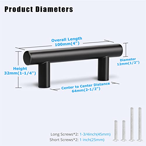 KNOBWELL 6 Pack 2-1/2 in Drawer Pulls Black, T Bar Round Black Handles for Kitchen Cupboard Bathroom Vanity Dresser Drawer, Overall Length 4 Inch - color: Black, size: 2 1/2inch(64mm)