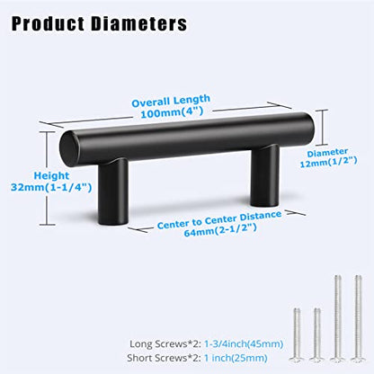 KNOBWELL 6 Pack 2-1/2 in Drawer Pulls Black, T Bar Round Black Handles for Kitchen Cupboard Bathroom Vanity Dresser Drawer, Overall Length 4 Inch - color: Black, size: 2 1/2inch(64mm)