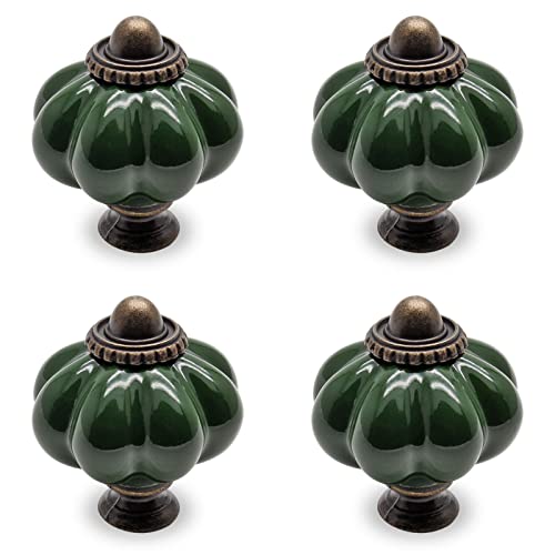 4pcs Dark Green Pumpkin Knobs, Vintage Ceramic Cabinet Dresser Pulls with Mounting Screws - color: Dark Green, size: 4 Pieces