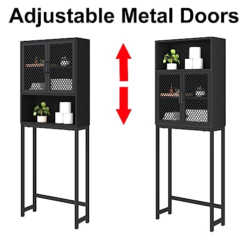 Launica Bathroom Organizer Over Toilet, Wood Metal Over The Toilet Storage, Industrial Bathrooms Space Saver Shelf Over Toilet, Freestanding Bathrooms Cabinet Above Toilet with Rack, Black Oak - color: Black Oak